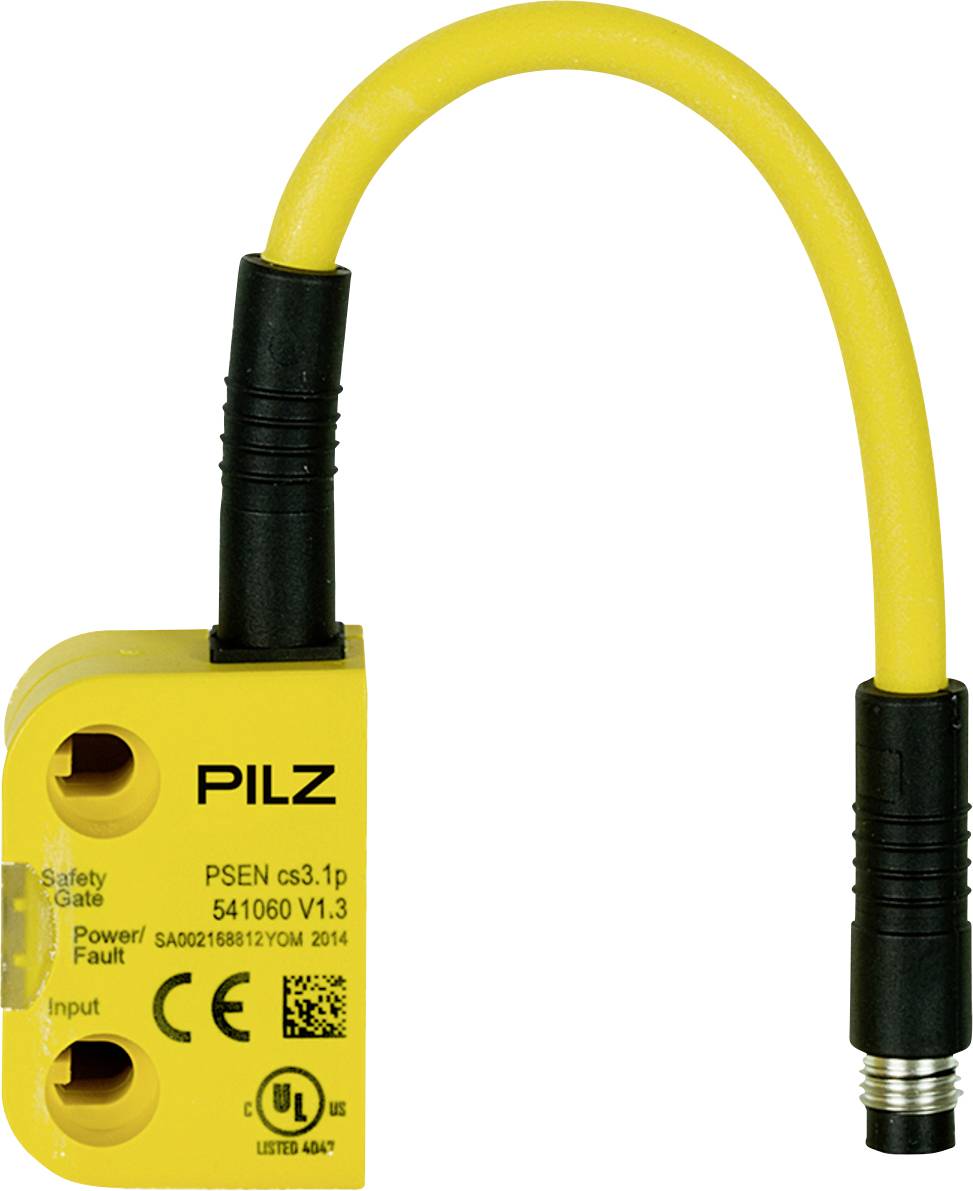 Gul PILZ PSEN cs3.1p sikkerhedssensor med tilsluttet sort kabel, vist på hvid baggrund.