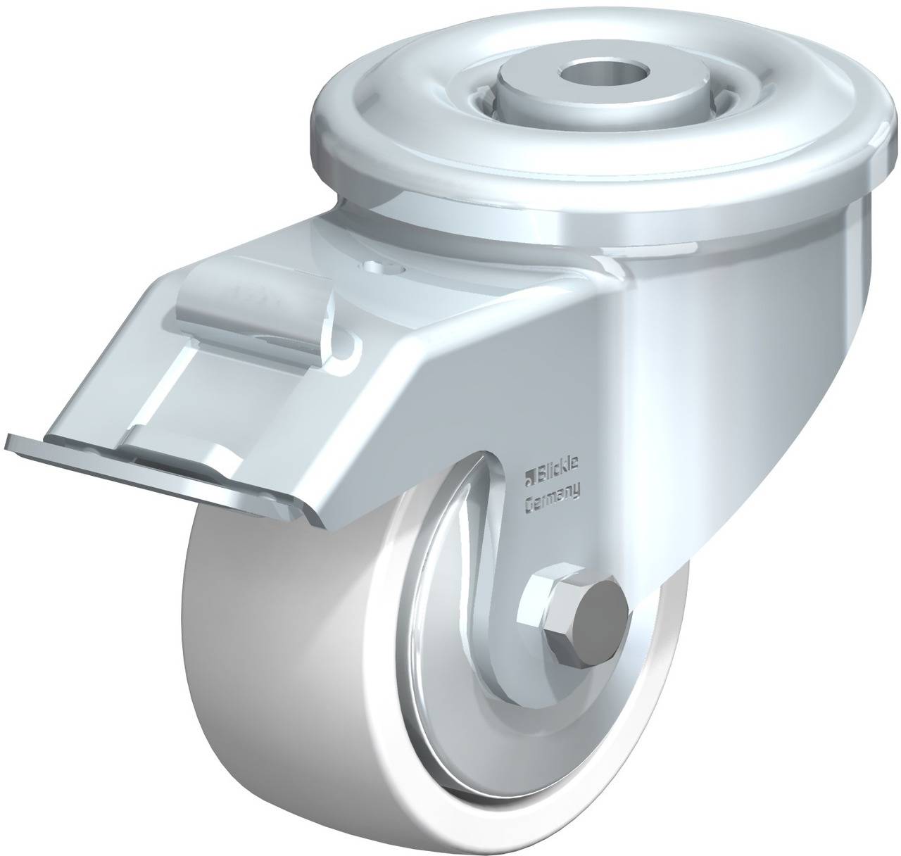 Et hvidt, støjsvagt styrehjul af metal med flad beslag, egnet til møbler eller lette apparater.