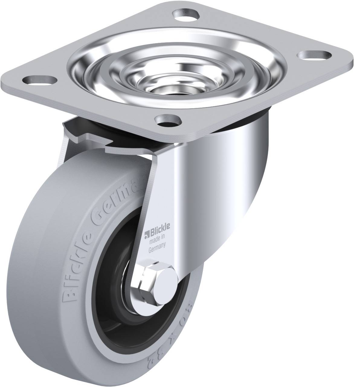 Metalhjul med grå hjul og monteringsplade, egnet til møbler eller apparater. Hjulet har et glat design, der sikrer let bevægelse.