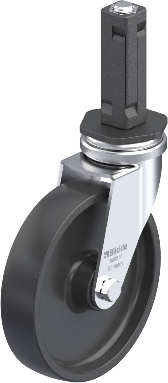 Drejelig transportrulle med sort gummihjul og fast metalkappe, egnet til industrimøbler eller vogn.