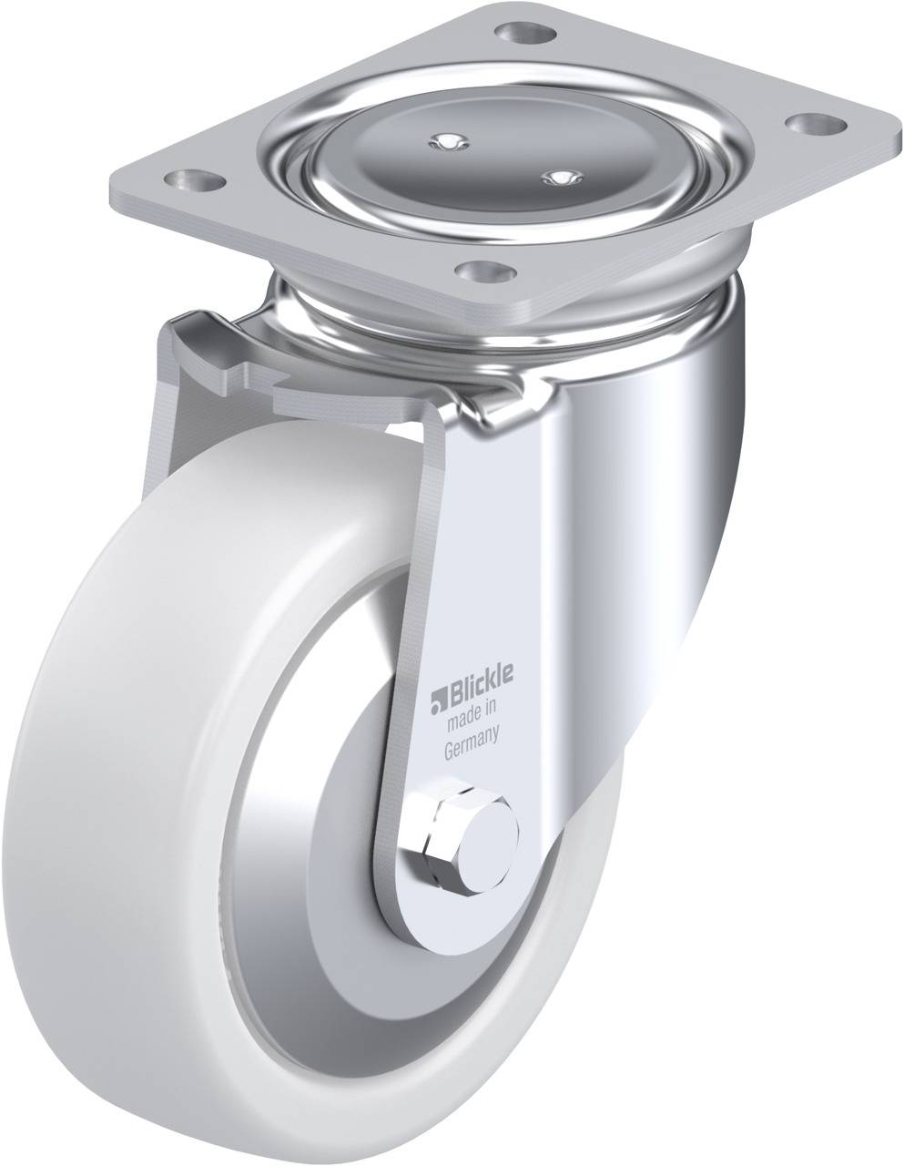 Metalplade drejeled med hvidt hjul og rektangulær monteringsplade, egnet til transportformål.