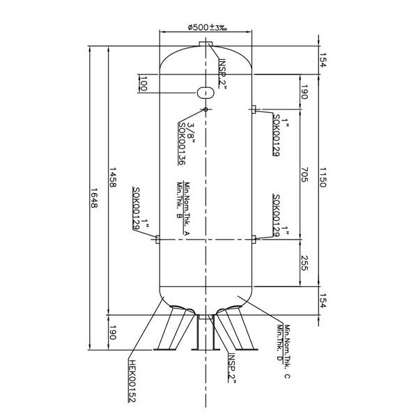 Teknisk tegning af en cylindrisk trykbeholder med mål i millimeter. Viser side- og frontvisninger med flangeforbindelser.