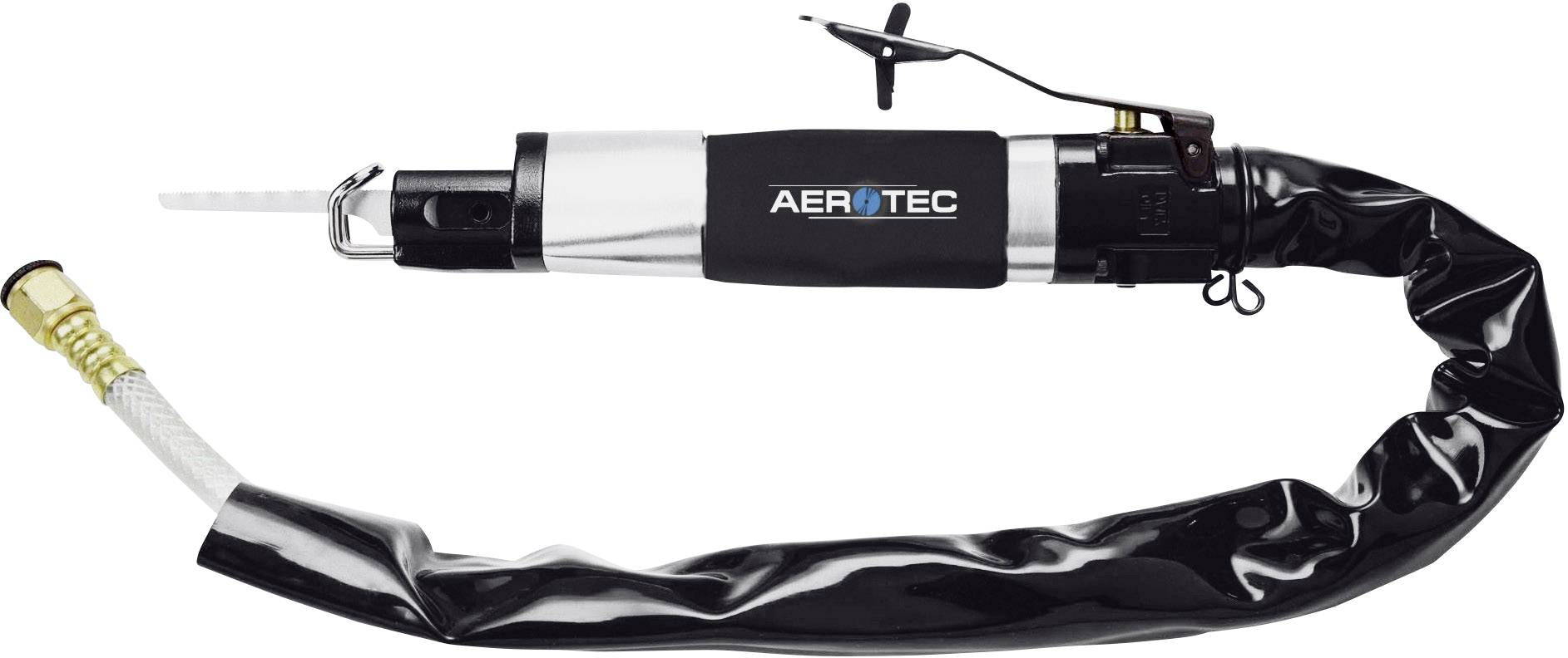 Trykluftssav fra Aerotec med sort kabinet og slange, velegnet til præcise skæreopgaver inden for metalforarbejdning.