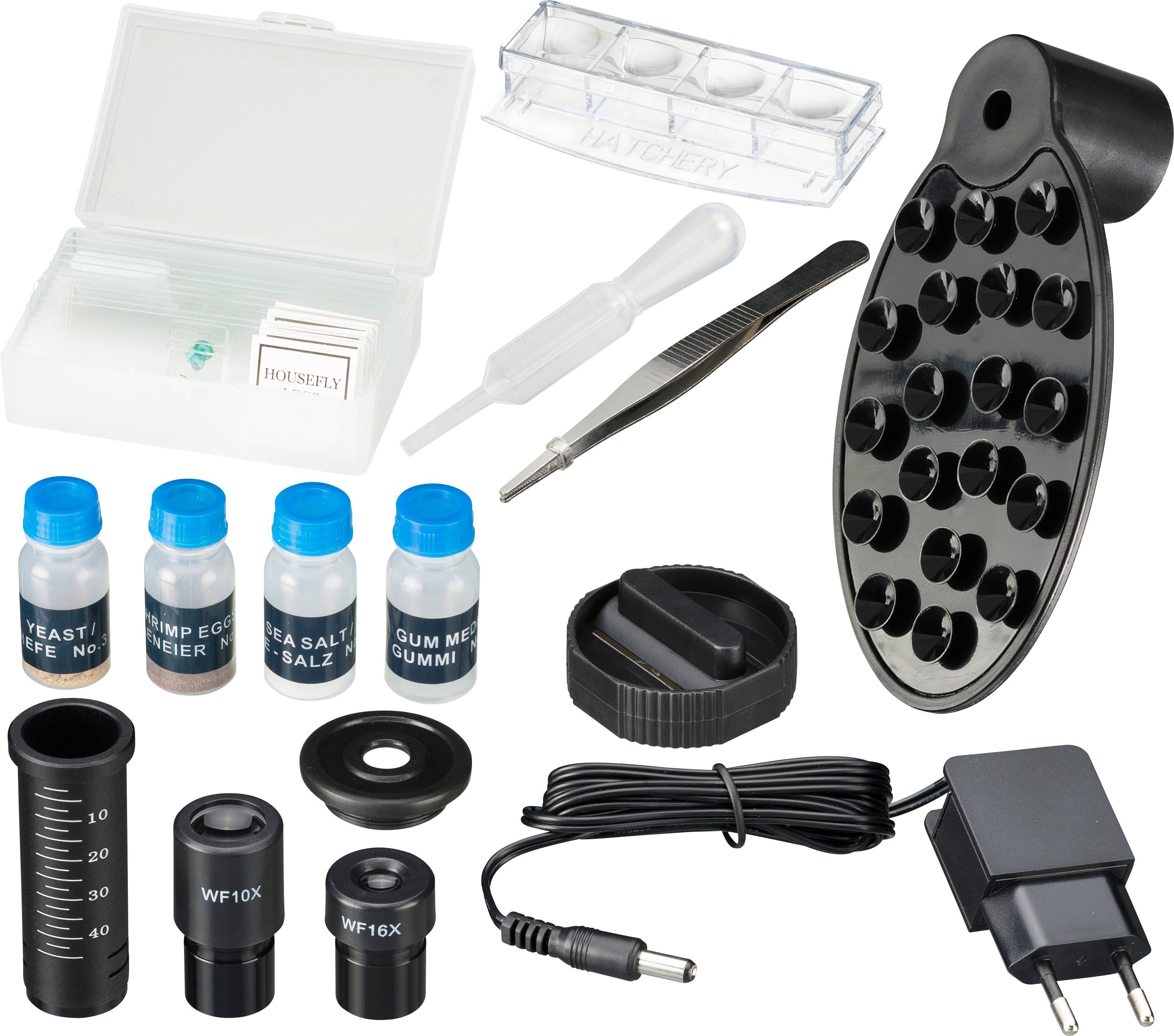 Mikroskop-tilbehørssæt med objektglas, pipette, pincet, linser og oplader. Perfekt til forskellige laboratorieformål.