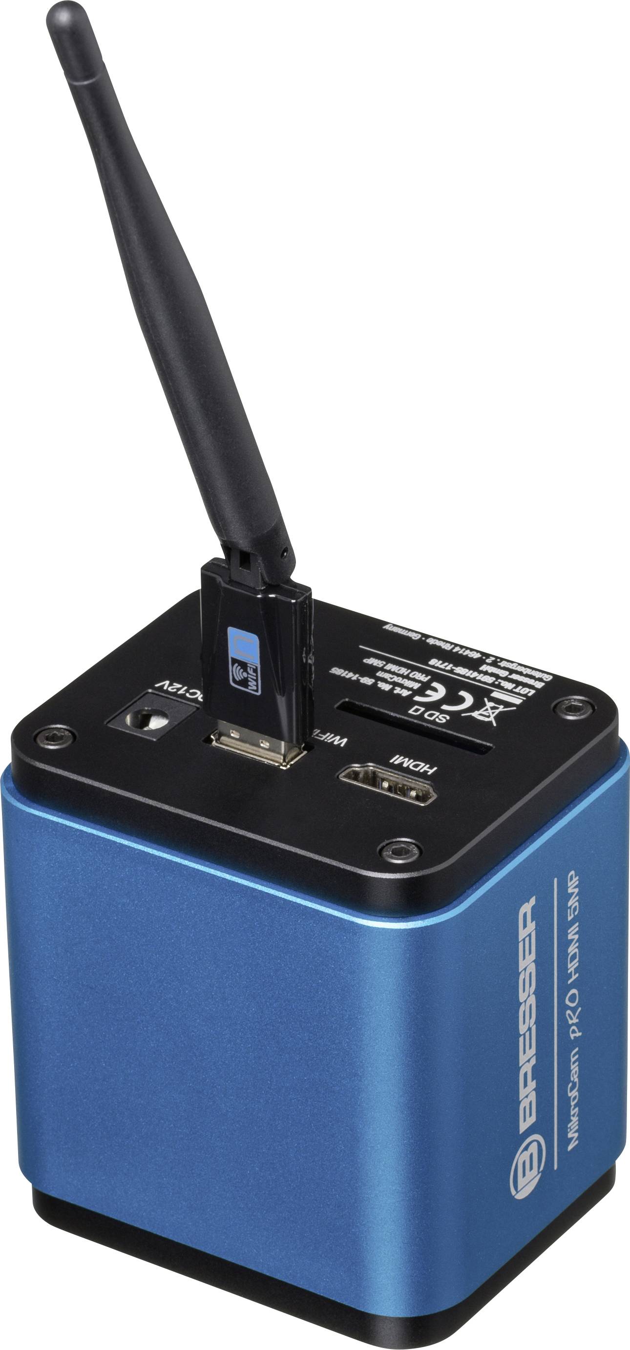 Kompakt blåt kamera med antenne og flere tilslutninger, velegnet til mikroskopi-applikationer.