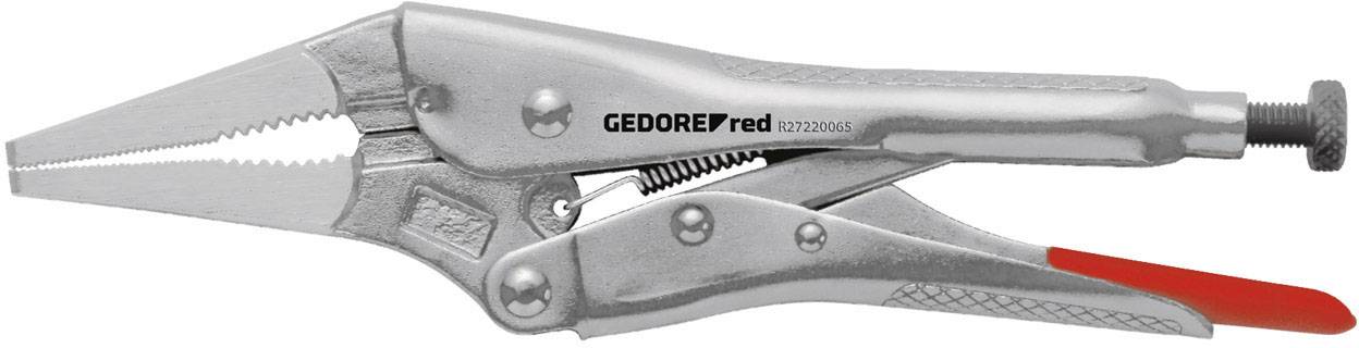 Sølv låseklemme med lang, tandet kæbe og rødt accent. Mærket 'GEDORE red'. Justerbar ved skrue.