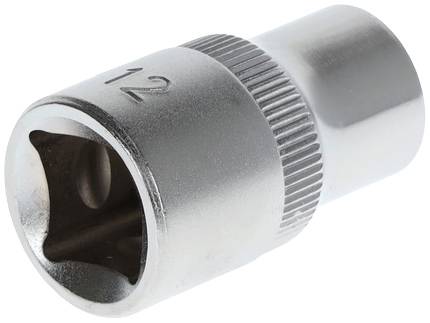 Metalnøgle med 12 mm gravering på siden, cylinderformet og med riflet overflade for forbedret greb.