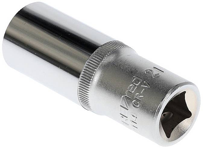 Metalnøglehovede, cylinderformet, sølvfarvet, med påstemplet størrelsesangivelse '21 mm' og materiale 'CR-V'.