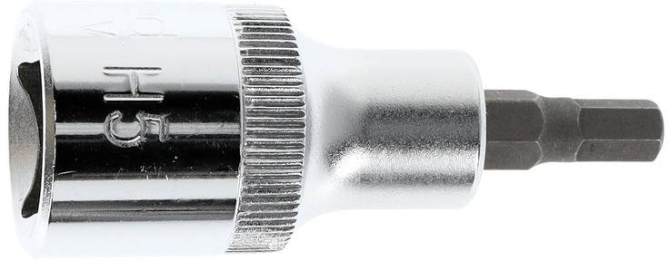 En sekskant-bit-indsats med metallisk glans. Værktøjet har en riflet kant for bedre greb.