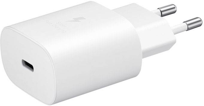 En hvid USB-oplader med EU-stik, liggende på siden, viser USB-C-porten forfra.