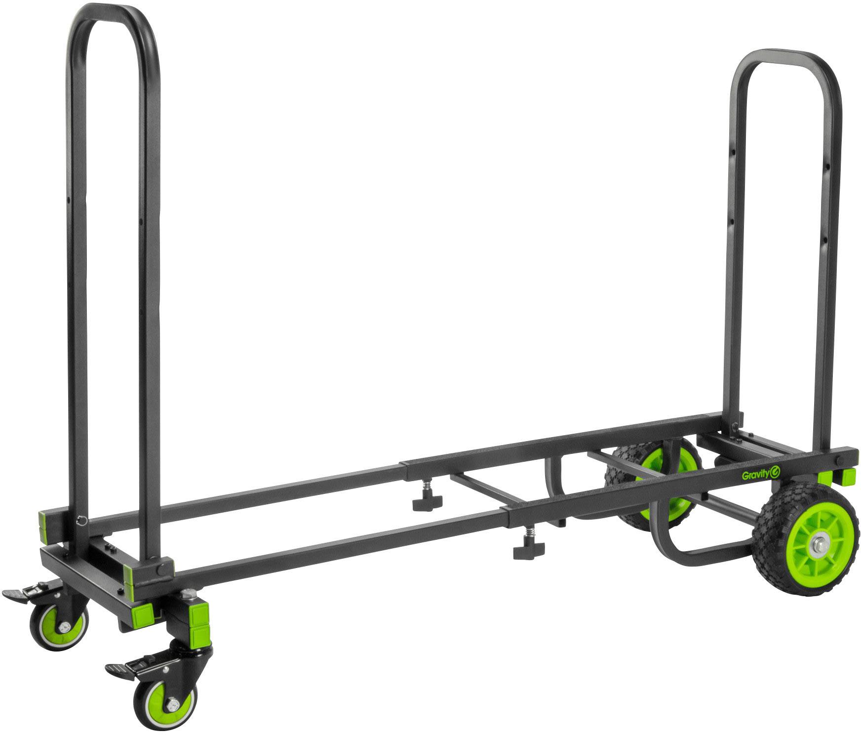En sort transportvogn med grønne hjul og to håndtag, egnet til at flytte store genstande i lager- eller værkstedsmiljøer.