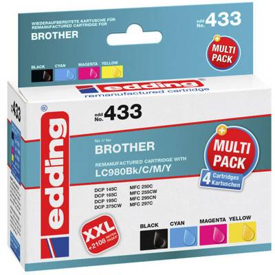 En pakke Edding-blækpatroner, kompatibel med Brother. Indeholder fire farver: Sort, Cyan, Magenta og Gul.