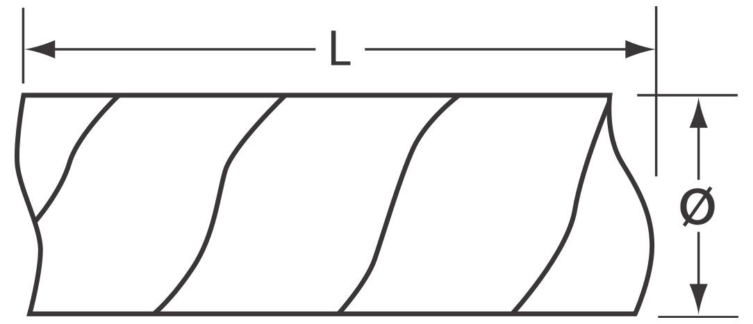 Diagram af en cylindrisk tømmerstamme med pile, der angiver længde mærket 'L' og diameter markeret 'Ø' til måling.