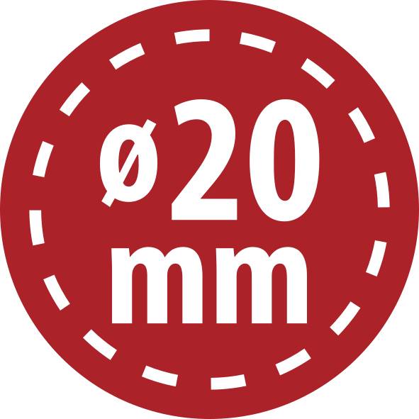 Rødt cirkulært mærkat, der viser "ø20 mm" i hvidt, hvilket angiver en diameter på 20 millimeter.