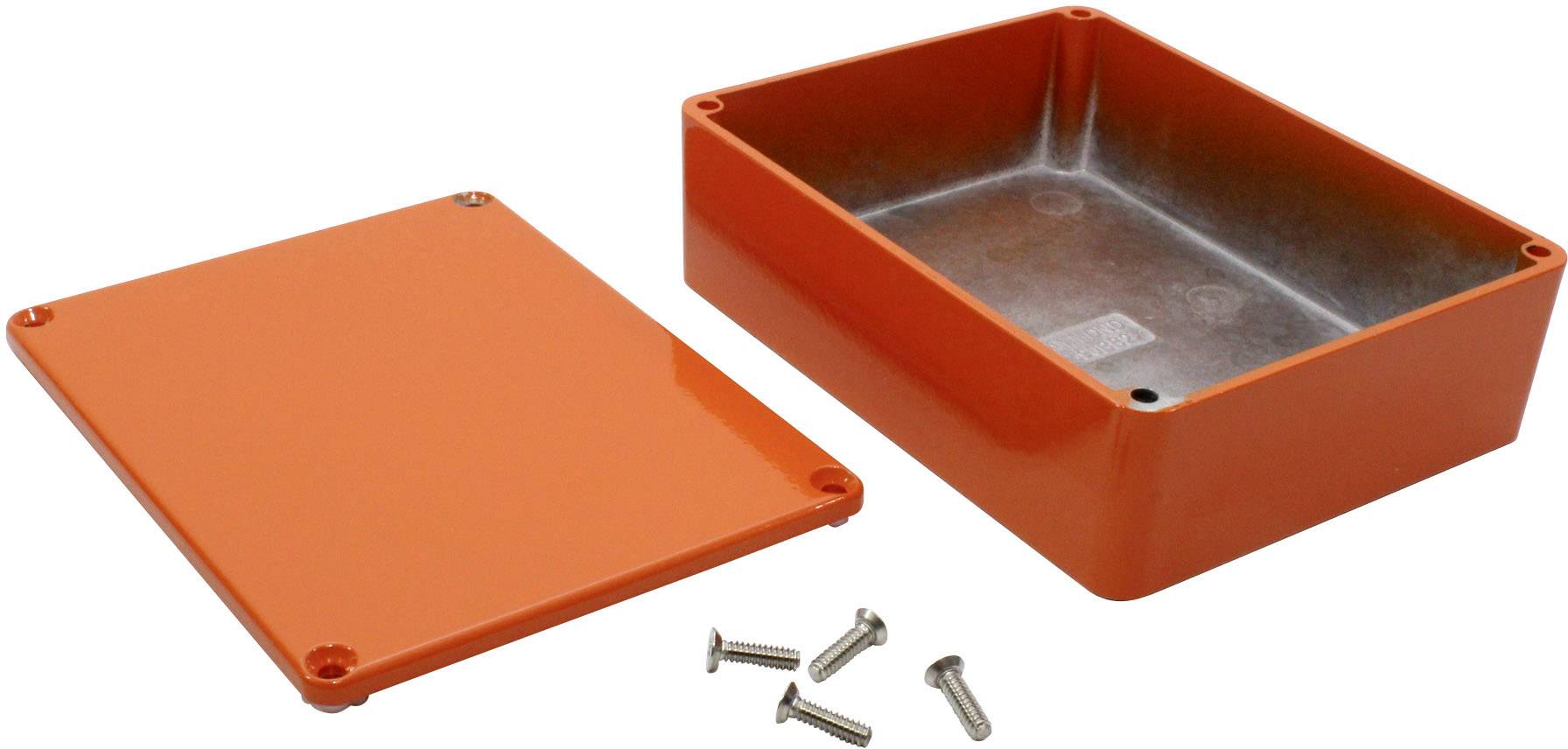 Et åbent, orangefarvet metalcover med aftageligt låg og fire skruer.