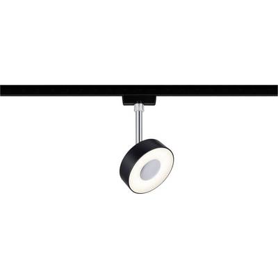 En sort loftslampe med en rund LED-spot monteret på en skinne. Lampen er let vinklet for at kaste lyset nedad.