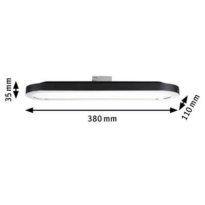 Et rektangulært LED-loftsarmatur i sort ramme med dimensioner: 380 mm længde, 110 mm bredde, 35 mm højde.