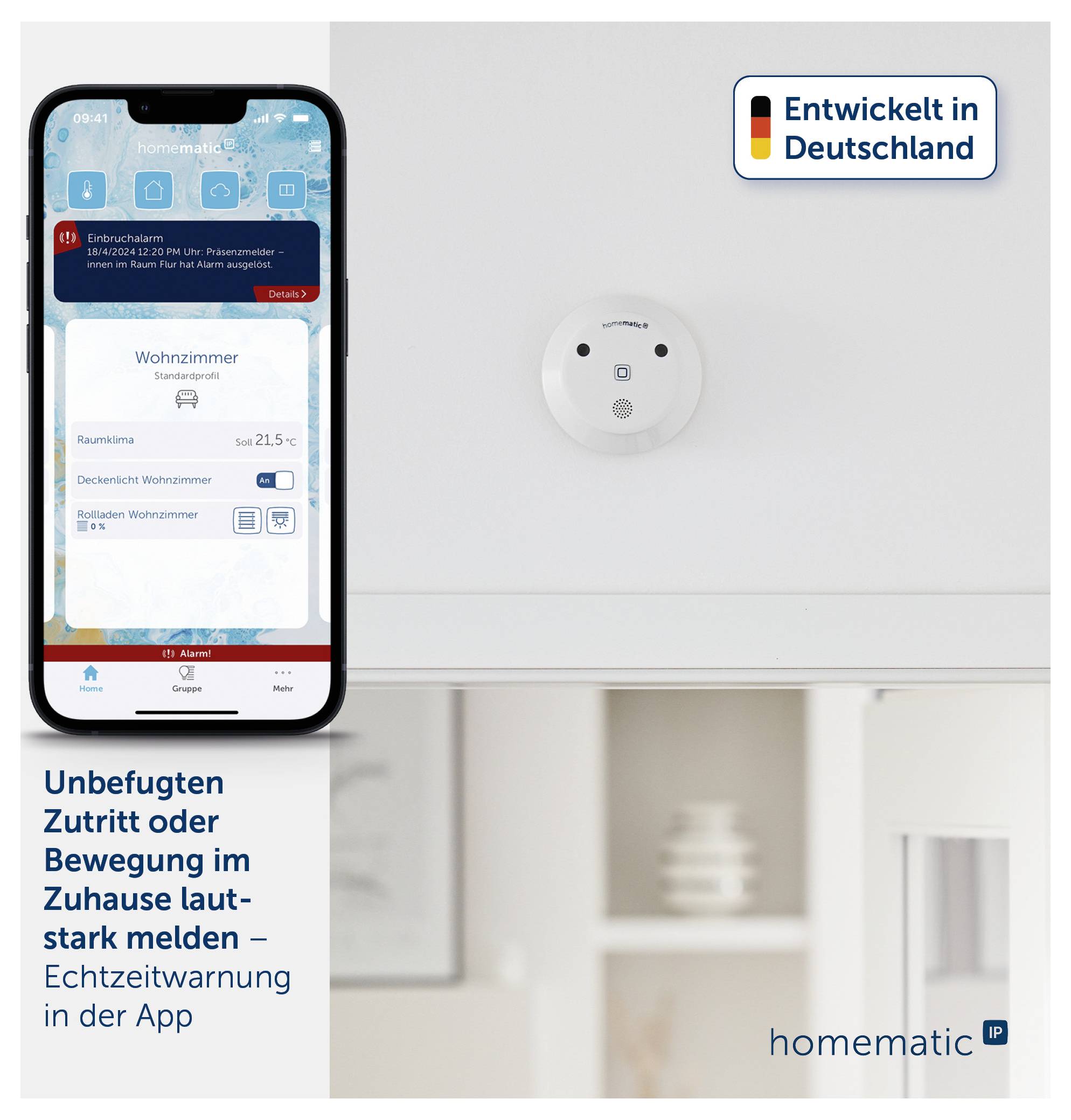 Smartphone med Homematic-app viser realtidsadvarsel ved uautoriseret adgang eller bevægelse i hjemmet; ved siden af en sensor på væggen og mærkat 'Udviklet i Tyskland'.