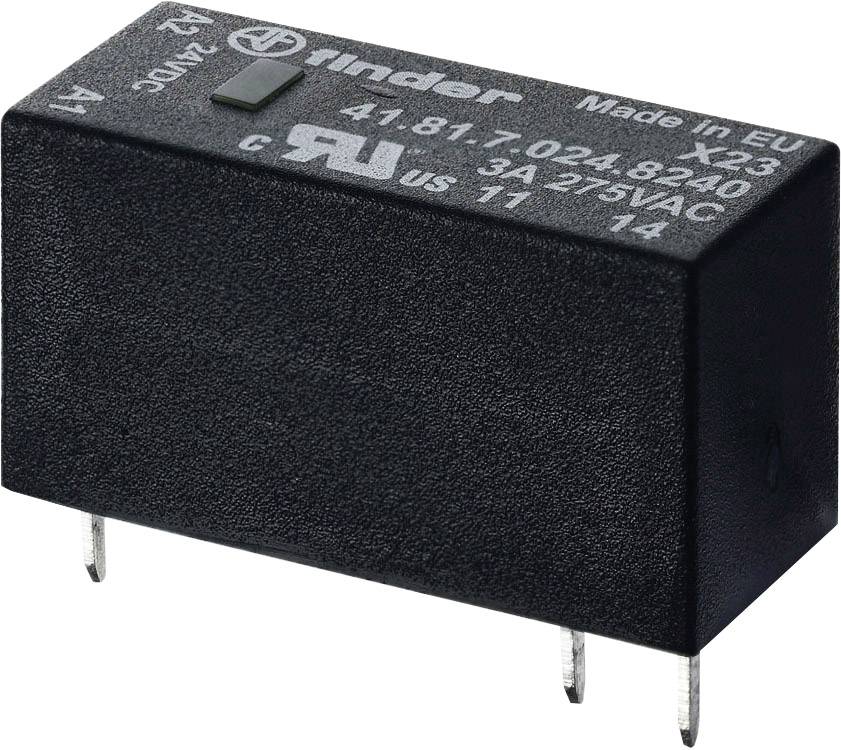 Et sort elektronisk relæ mærket 'finder 41.81'. Det har fire metalben og viser mærke- og spændingsinformationer.