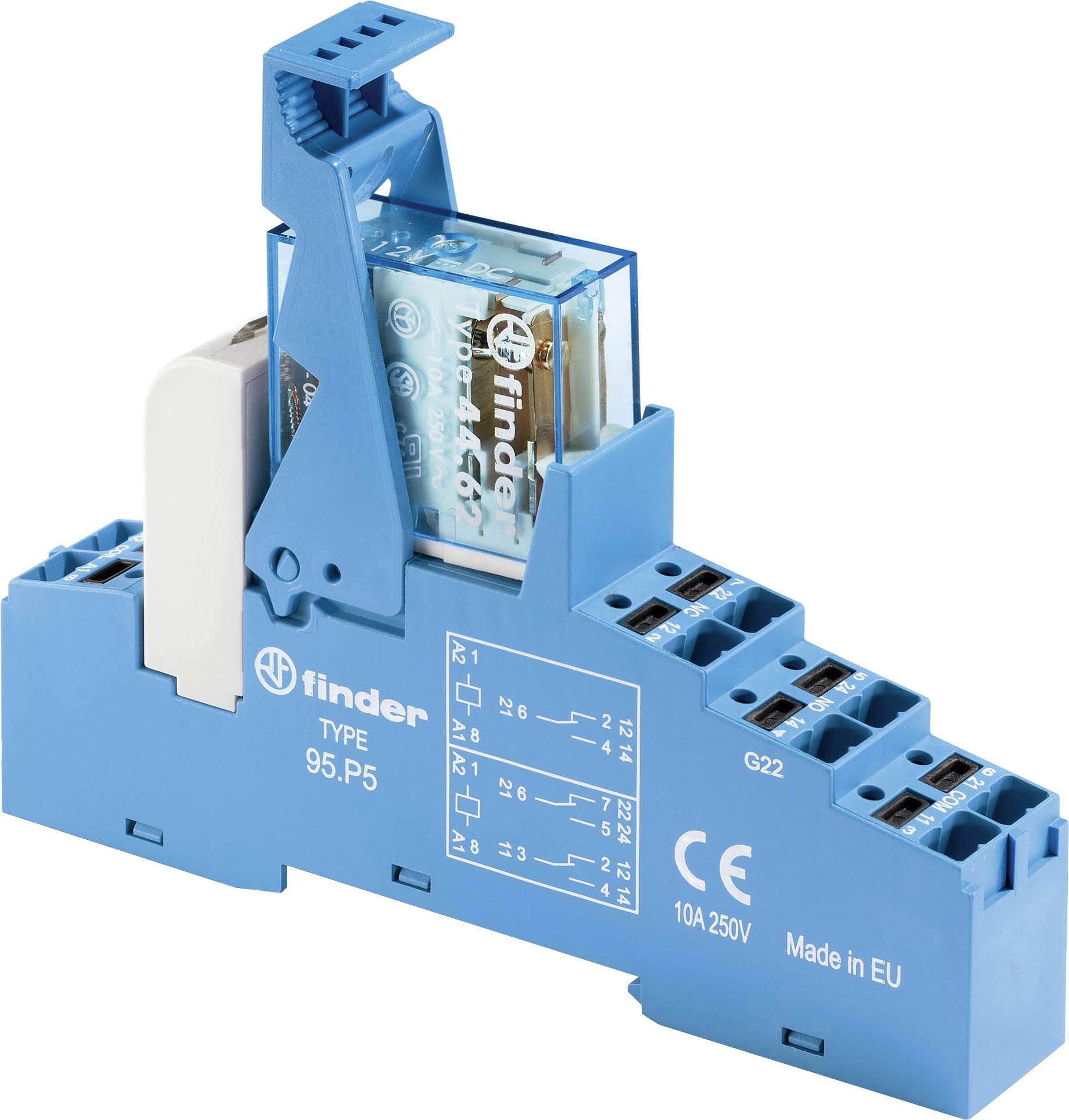 Blåt relæmodul med Finder-logo og typebetegnelse 95.05. Det viser en teknisk tegning af tilslutningerne og er egnet til 10A 250V.