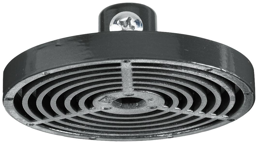 Rund, sort metalsprinklerhoved med koncentriske riller, monteret på en væg- eller loftholder.
