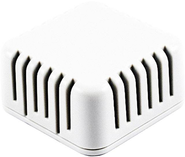 En kvadratisk, hvid sensor med ventilationssprækker på siderne, sandsynligvis til overvågning af temperatur eller luftkvalitet.