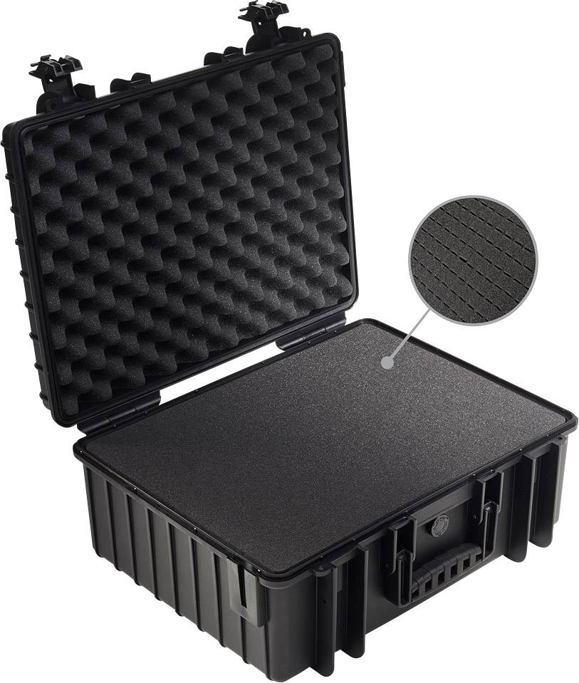 Sort, åbnet hardcase kuffert med skumpolstring i låget, velegnet til sikker transport af følsomme genstande.