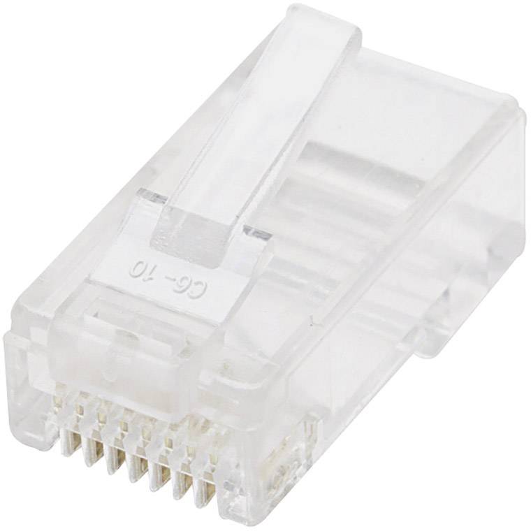 En transparent RJ45-stik, der bruges til datatransmission i netværkskabler.