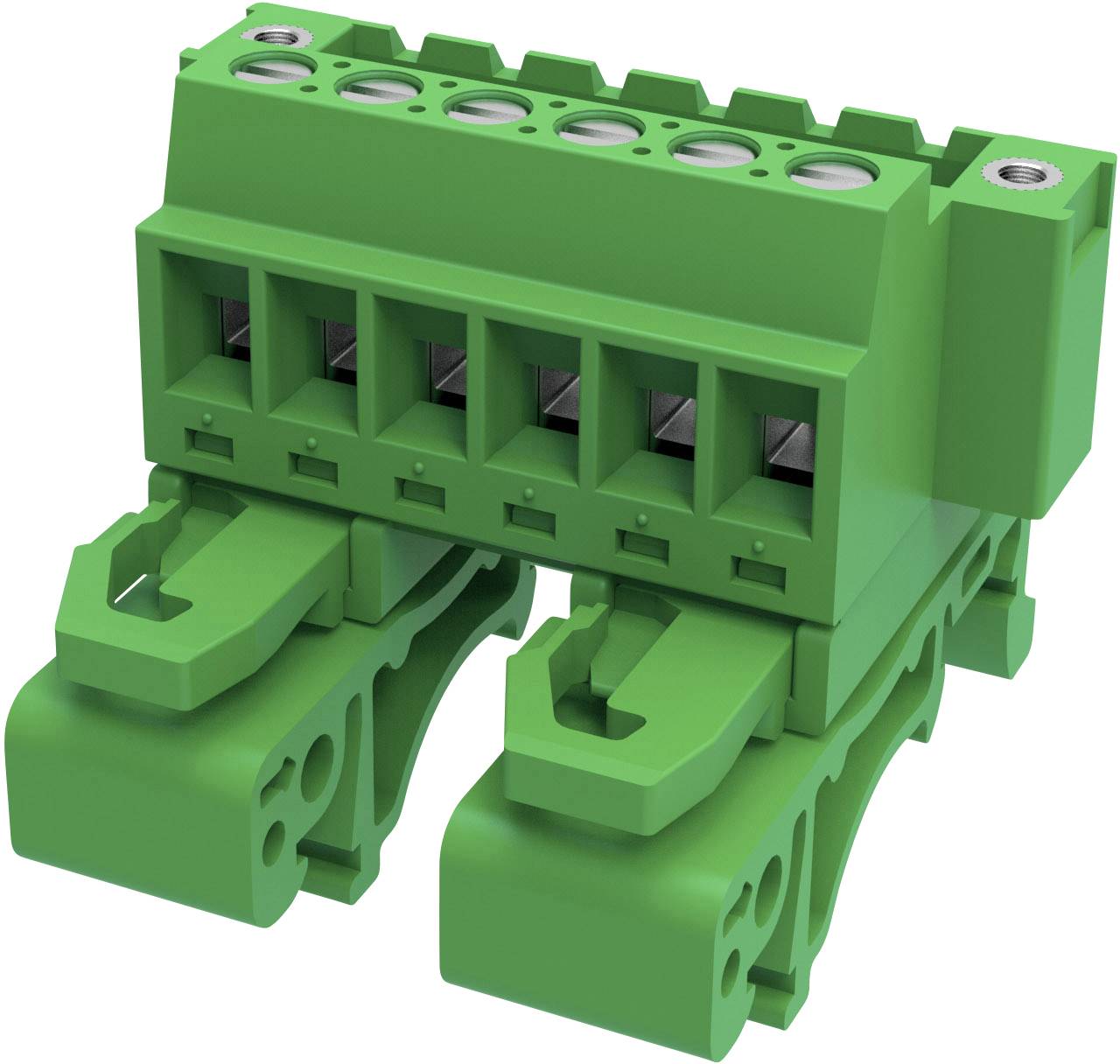 Grøn stikforbinder med fem poler, to løftearme på undersiden. Bruges til elektrotekniske forbindelser.