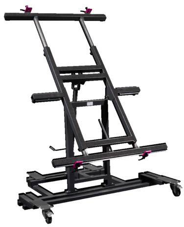 En sort, justerbar ramme på hjul, egnet til præsentationer eller stativer, med flere fastgørelsespunkter.