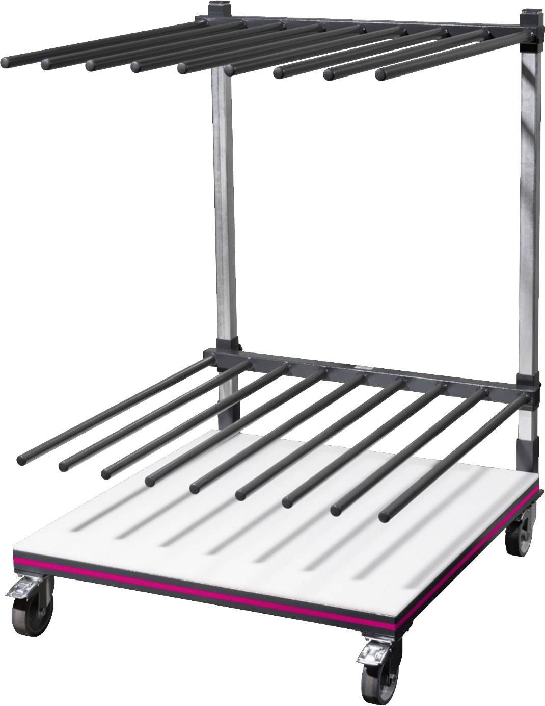 En mobil tørringsvogn med flere vandrette stænger til tørring eller opbevaring af genstande, forsynet med hjul.