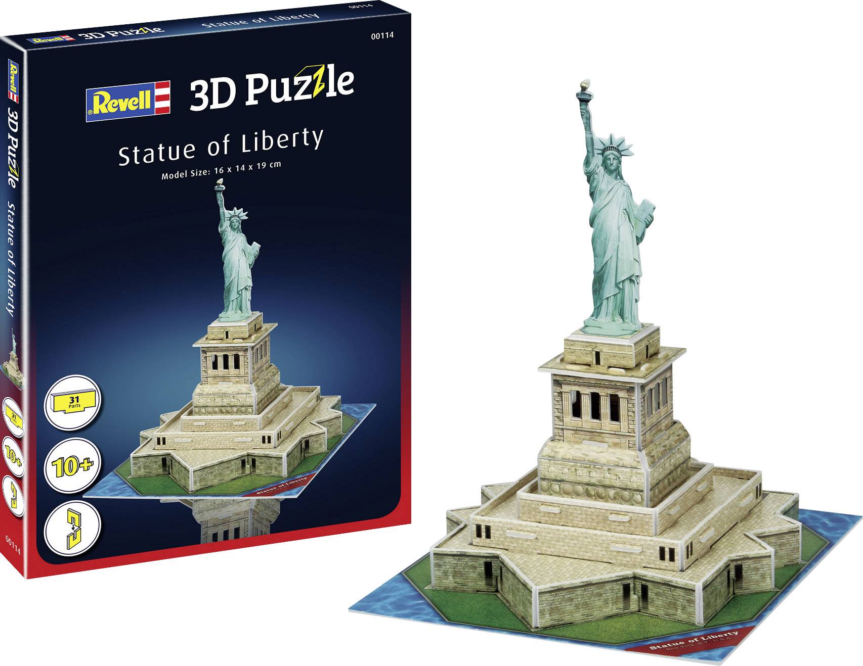 En 3D-puslespilsæske viser Frihedsgudinden. Puslespilsmodellen er 16 x 14 x 19 cm stor og anbefales fra 10 år.