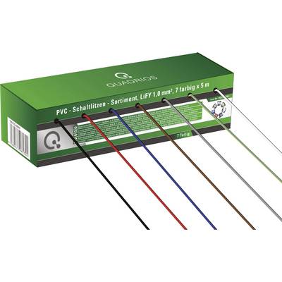 Grøn emballage med farvede kabler, model 'Quadrios'. Indeholder 7 PVC-kabler (1,0 mm², 5 m lange) i forskellige farver.