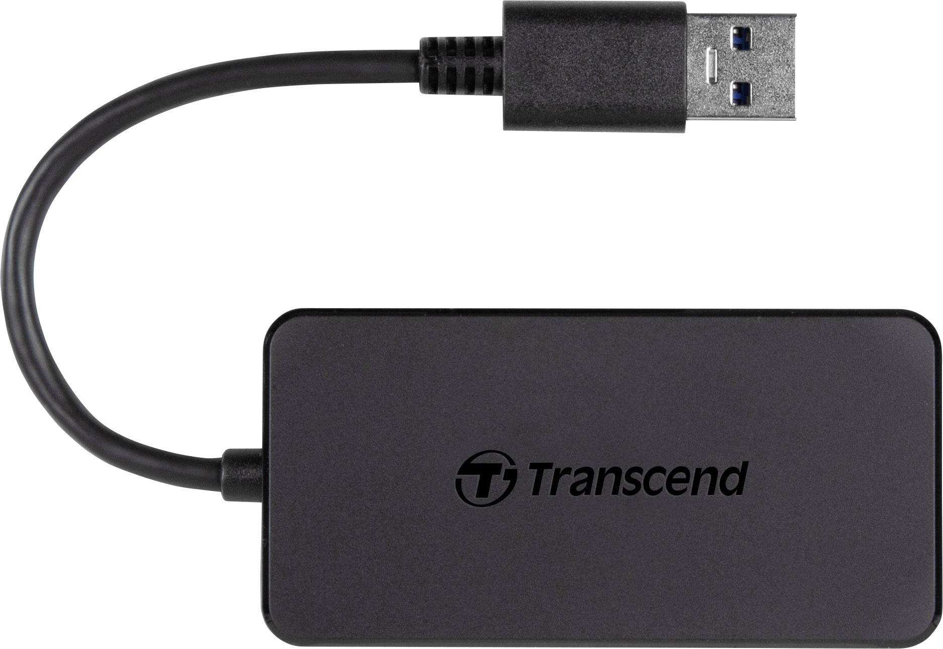 Ekstern harddisk med USB-kabel, sort kabinet, mærkelogo 'Transcend'; til datalagring og -overførsel.