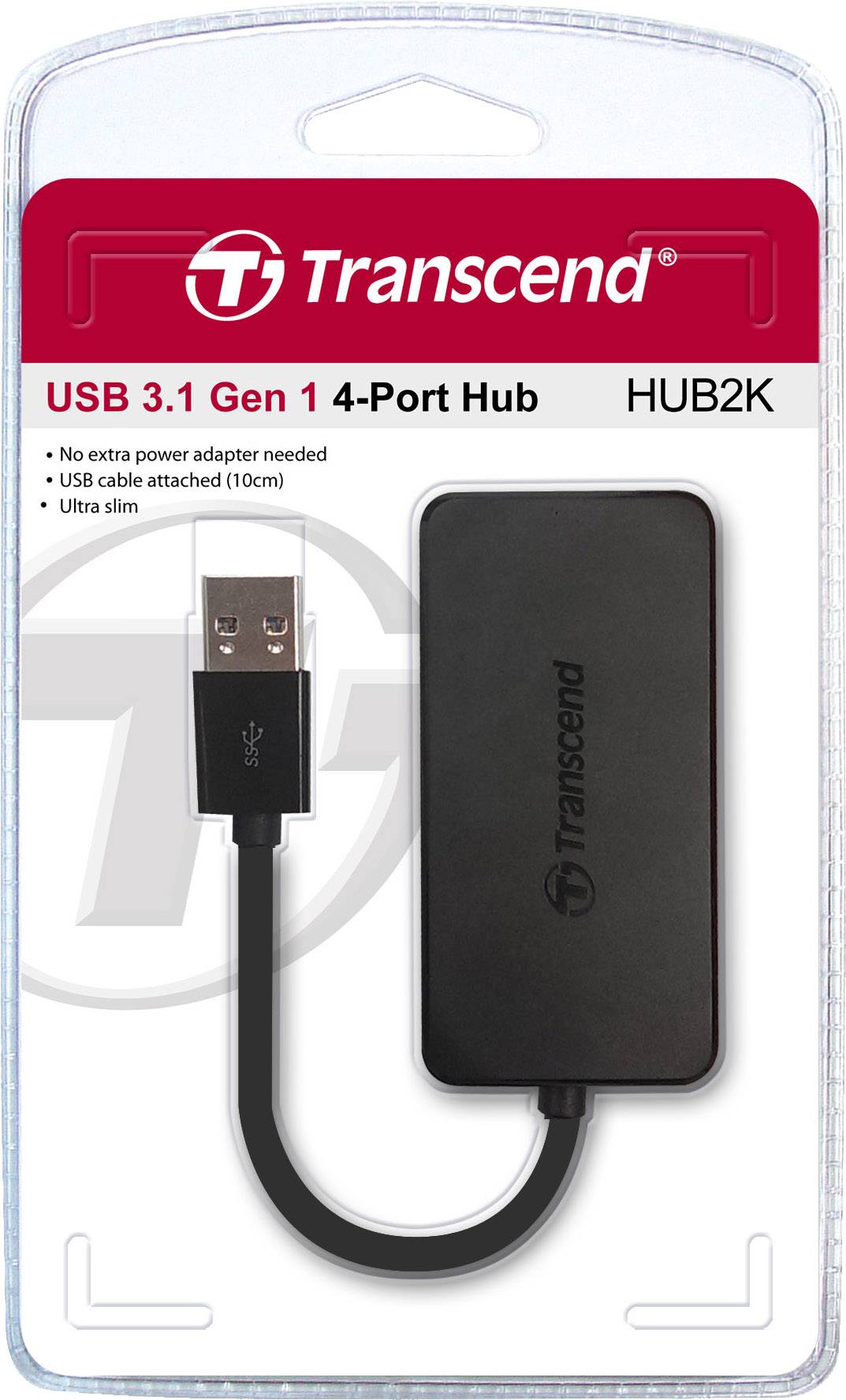USB-hub i emballage mærket 'Transcend USB 3.1 Gen 1 4-Port Hub'. Produktet skiller sig ud ved sit ultratynde design.
