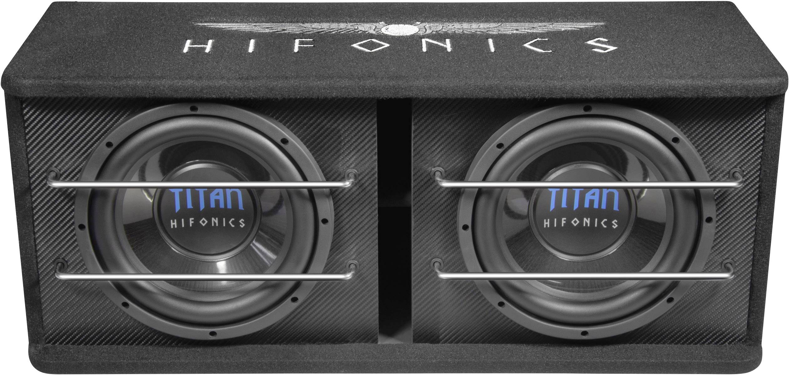 To loftstalende Hifonics-Titan-subwoofere i en sort kasse med sølvfarvede stænger hen over højttalerne.
