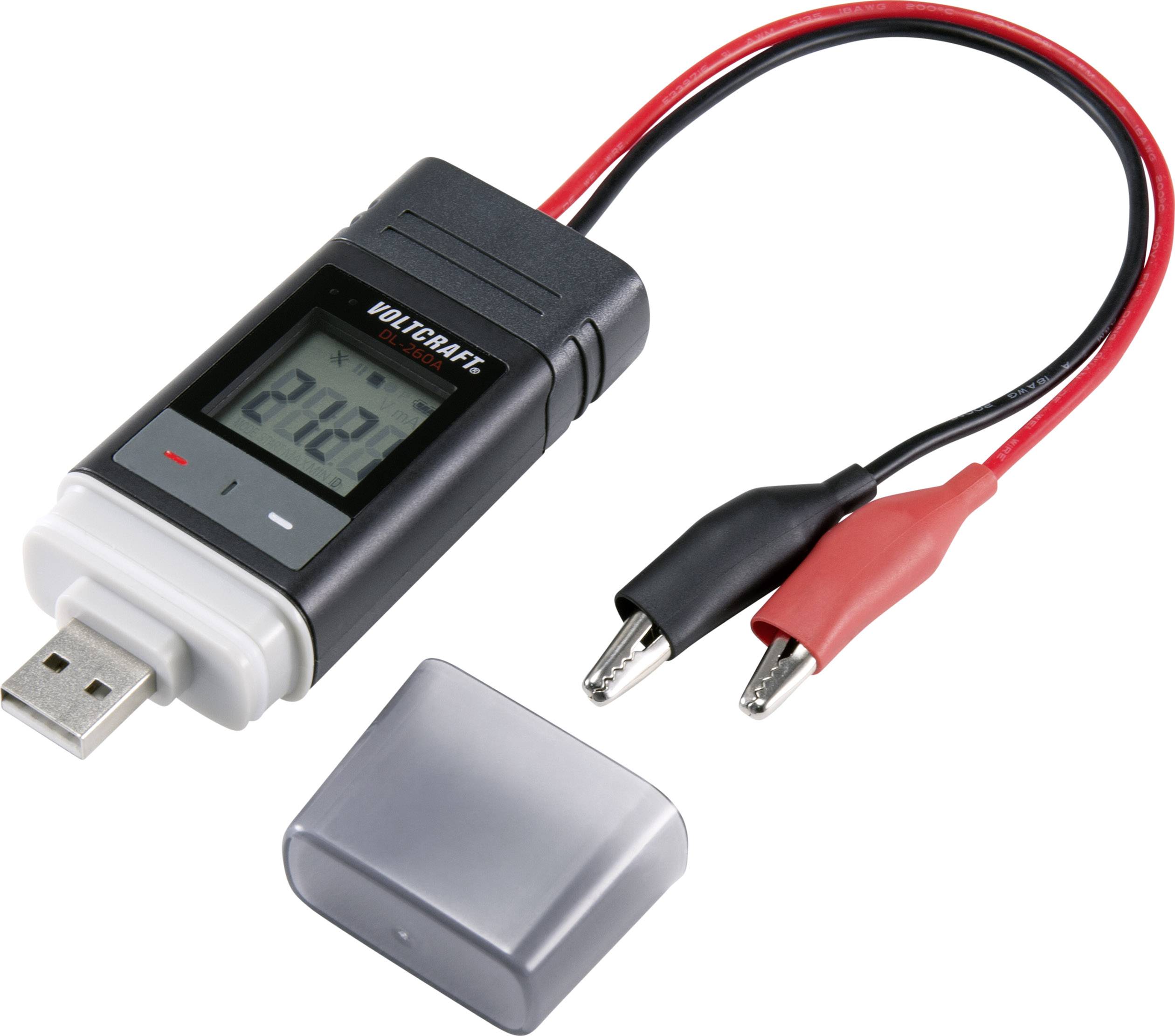 Elektronisk USB-måleenhed til spændingsovervågning med display og aftagelig afdækning; røde og sorte krokodilklemmer.