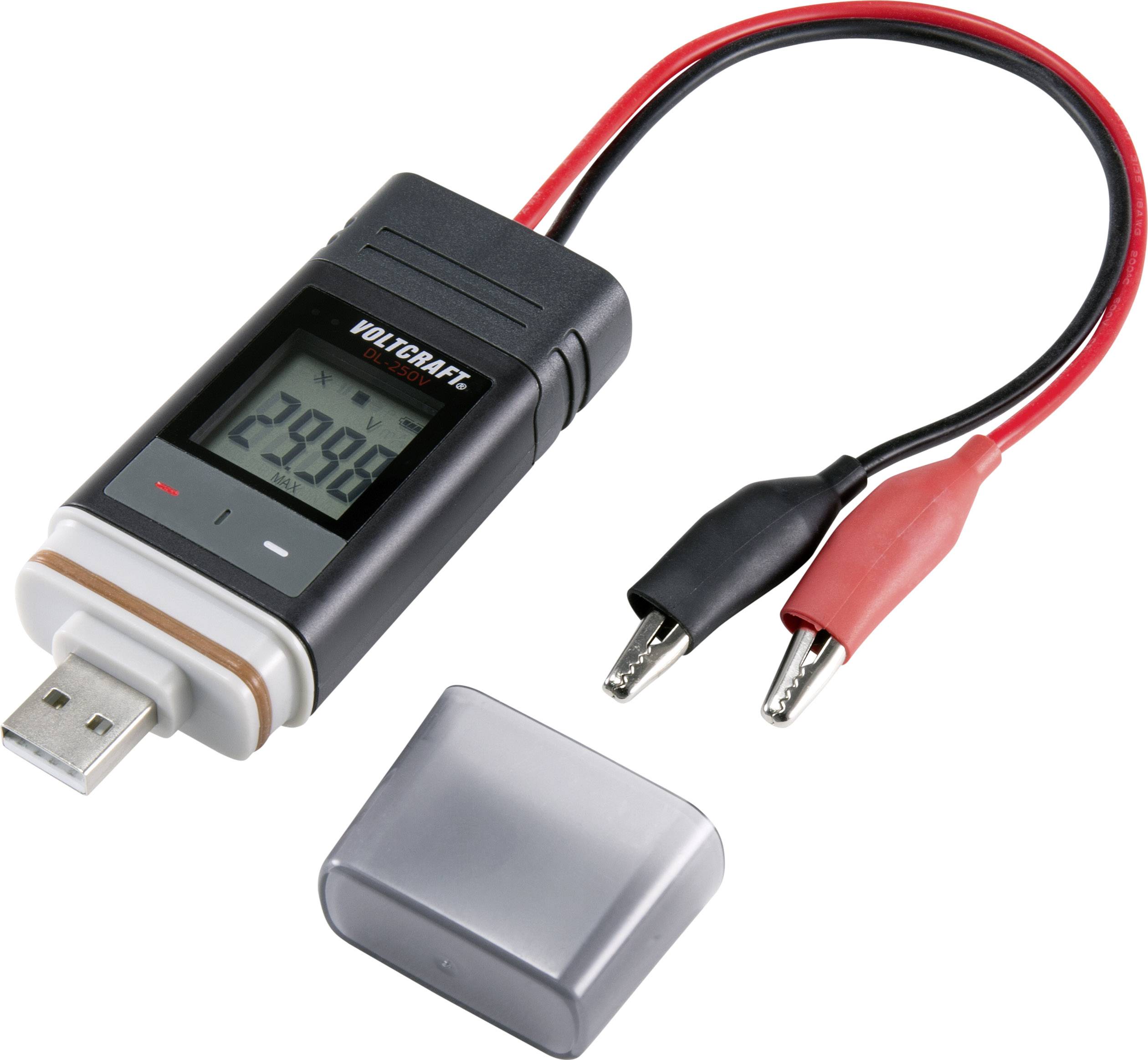 Elektronisk enhed med USB-port, display viser '29.99', to kabler med krokodillenæb, grå afdækning ved siden af.