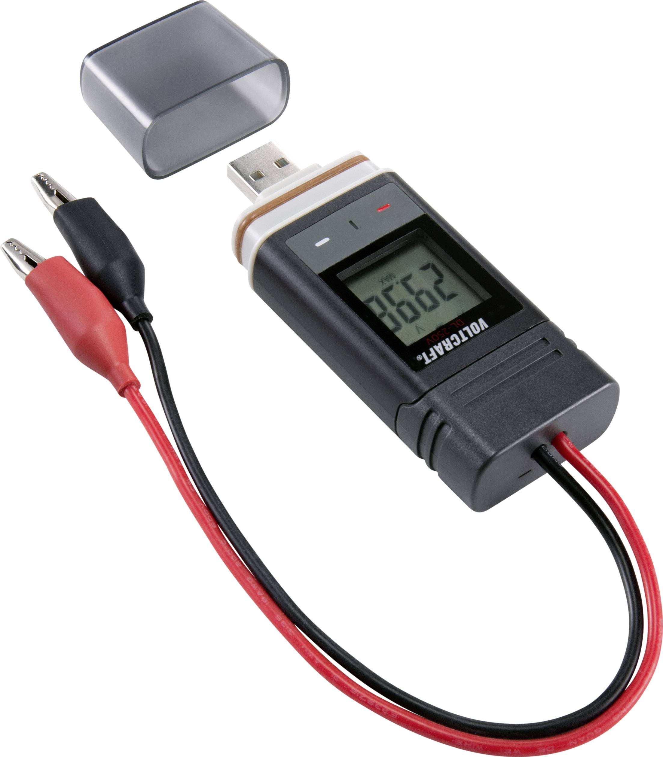 Spændingsmåler med USB-tilslutning og display. Rødt og sort kabel ender i krokodilleklemmer. Display viser '36,62'.<br><br>Note: I replaced the period with a comma in the decimal number as this is the standard Danish notation for decimal numbers.