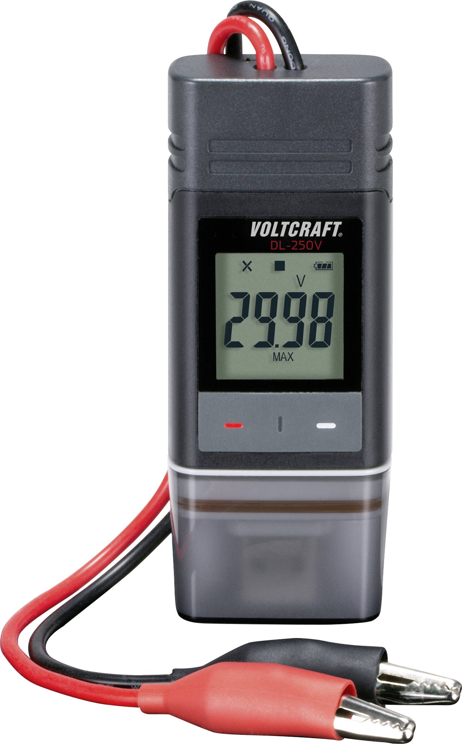 Et digitalt spændingsmåleinstrument fra mærket Voltcraft, model DL-250V, viser værdien 29,98 på displayet.