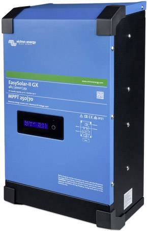 En blå soloplader med påskriften 'EasySolar-II GX' og 'MPPT 250/70'. Den har et digitalt display og sorte hjørner.