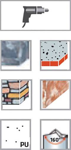 Figuren viser symboler for slagboremaskine, anvendelser på mursten, beton med puds, PU-blokke og en borevinkel på 160 grader.