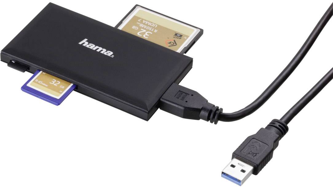 Et kortlæsningsapparat med to SD-kort og et USB-kabel til forbindelse med en computer. Ideel til dataoverførsel.