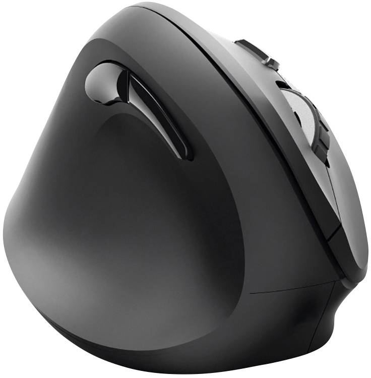 Sort, ergonomisk vertikal mus til højre hånd, med scrollhjul og to knapper, designet til at reducere belastningen på håndleddet.