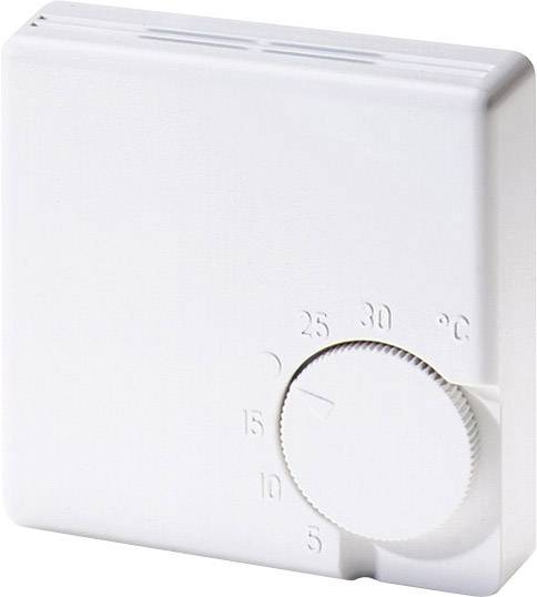 En hvid rumtermostat med drejeregulering fra 5 til 30 grader Celsius, som for øjeblikket er indstillet til omkring 23 grader.