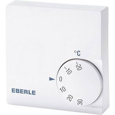 En hvid vægtermostat fra mærket Eberle med et indstillingshjul. Temperaturområde fra 5°C til 30°C synligt.