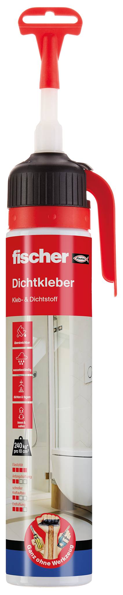 Rødt Fischer tætnings- og klæbelim i patron med rødt og sort aplikator-låg og dyse, mærket 'Dichtkleber' og 'Kleb- und Dichtstoff'.