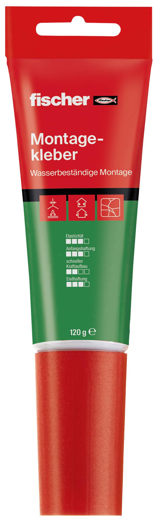 Rødt og grønt Fischer-rør med "Montagekleber" monteringslim, mærket "Wasserbeständige Montage", 120 g.