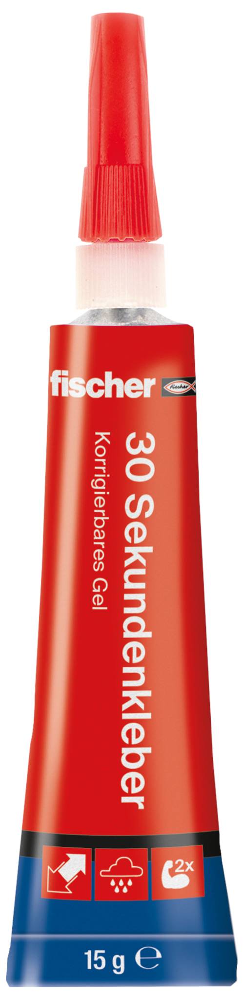 Red Fischer øjeblikkelig lim-tube mærket '30 Sekundenkleber' og 'Korrigierbares Gel', 15 g.
