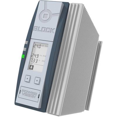 Et grå switchet strømforsyning med sidelige køleribber. På forsiden ses displayværdier og teksten 'BLOCK Power Vision'.